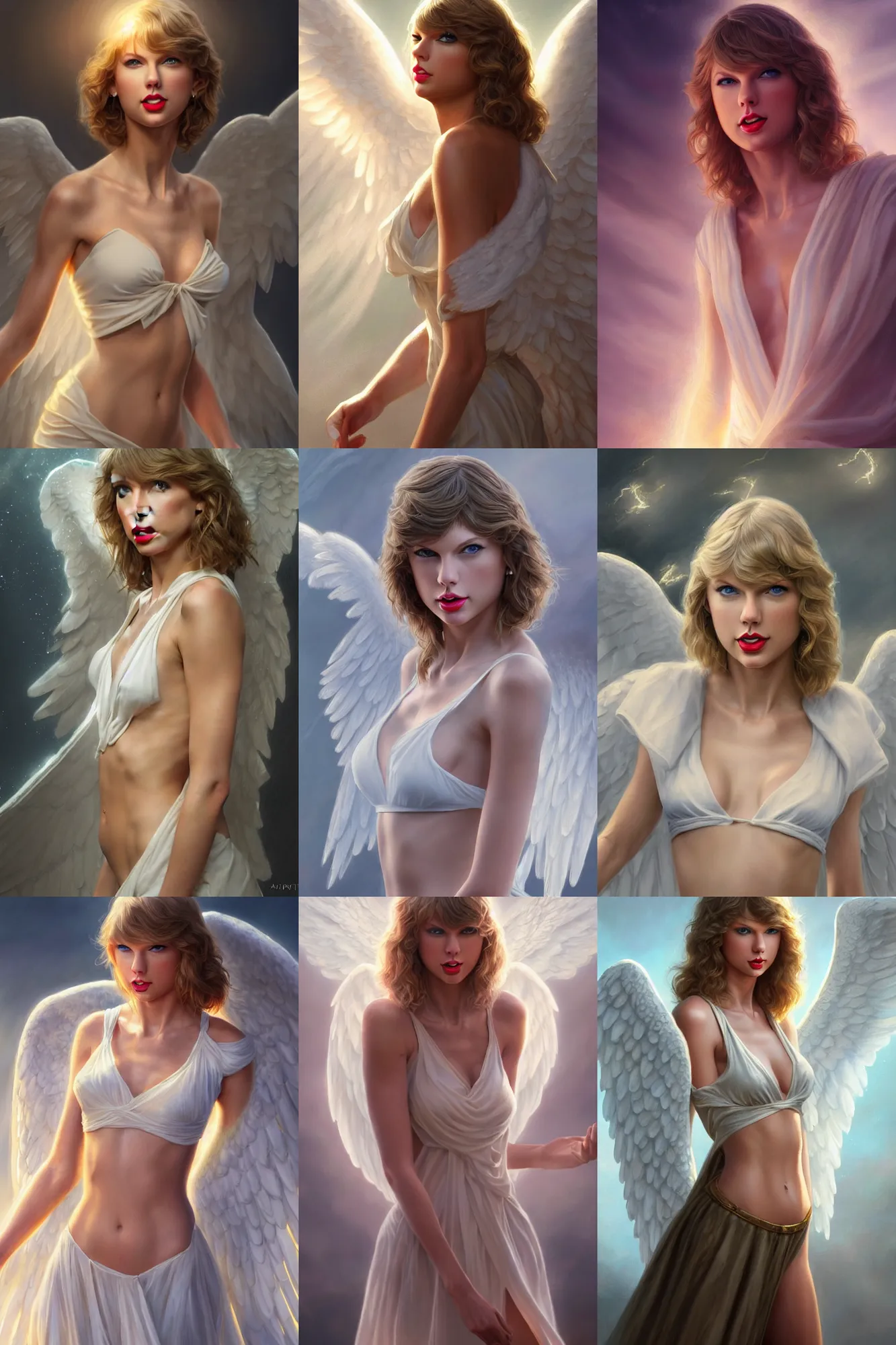 Prompt: taylor swift as a heavenly angel, anatomy, bathed in light, highly detailed, photorealistic, artstation, smooth, sharp focus, illustration, disrobed, unreal engine 5, 8 k, art by artgerm and greg rutkowski and edgar maxence