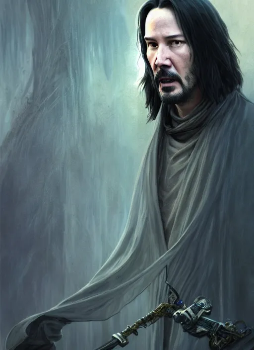 Prompt: Keanu Reeves, silver long hair, cloak, male, fantasy, extremely detailed, digital painting, artstation, concept art, smooth, sharp focus, illustration, stunning lighting, art by artgerm and greg rutkowski and alphonse mucha and simon stalenhag, realistic character concept, low fantasy, light atmosphere, golden ratio, cinematic lighting, hyperdetailed, high resolution, insanely detailed and intricate, artstation, Marc Simonetti, Greg Rutkowski, 8k