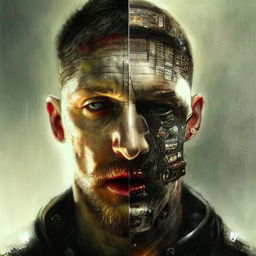 Prompt: tom hardy as henry dorsett case, cyborg, hacker, cyberpunk, painted by seb mckinnon, high detail, dramatic light, digital art, painted by greg rutkowski, promotional movie posterart, trending on artstation