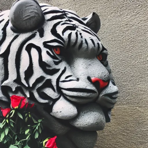 Image similar to a statue of a tiger [ fabricated with [ roses ]!! ], [ 4 k photorealism ]!!, best of unsplash, trending on unsplash, unsplash contest winner