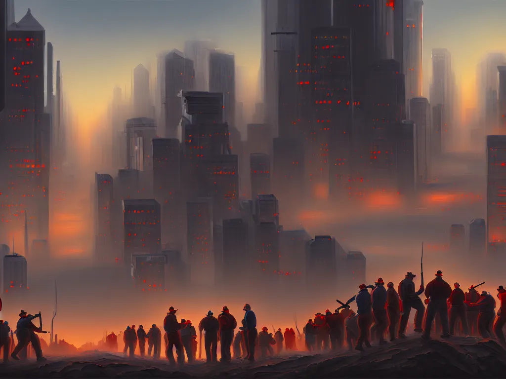 Prompt: landscape painting of the american working class taking over tech companies and conglomerates, digital painting, modern city scape, conflict, camaraderie, sacrifice, hope, romance, highly detailed, 4 k, artstation