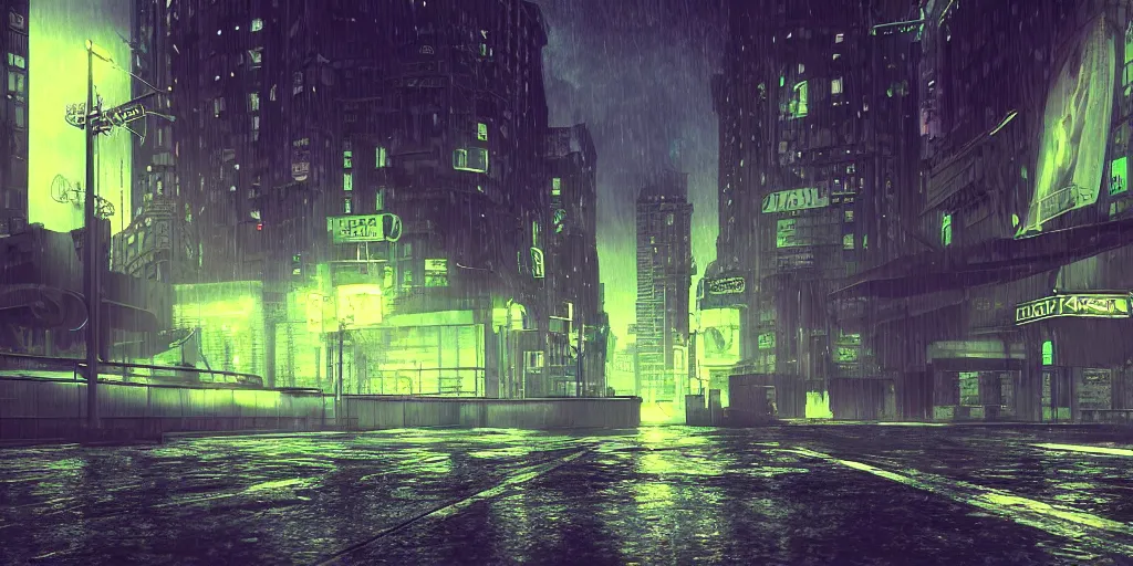 Image similar to night vision street moebius sci fi abandoned cityscape ; rain, mist, cloud, moonbeams light 3 d render, super resolution photo