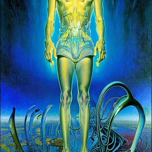 Image similar to realistic extremely detailed portrait painting of a glowing male silhouette, futuristic sci-fi landscape on background by Jean Delville, Amano, Yves Tanguy, Alphonse Mucha, Ernst Haeckel, Edward Robert Hughes, Roger Dean, rich moody colours, blue eyes