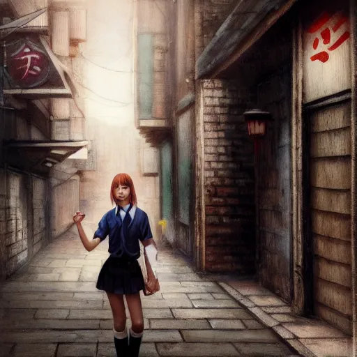 Image similar to a perfect, realistic professional oil painting of a Japanese schoolgirl posing in a dystopian alleyway, close-up, by a professional American senior artist on ArtStation, a high-quality hollywood-style concept