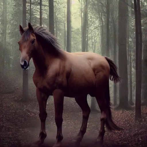 Prompt: centaur consisting of a horse and a human, featured on artstation, photograph captured in a dark forest