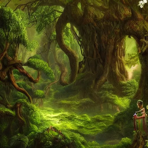 Image similar to A lush green ancient fantasy forest, with large trees and beautiful life, high details, realistic art.