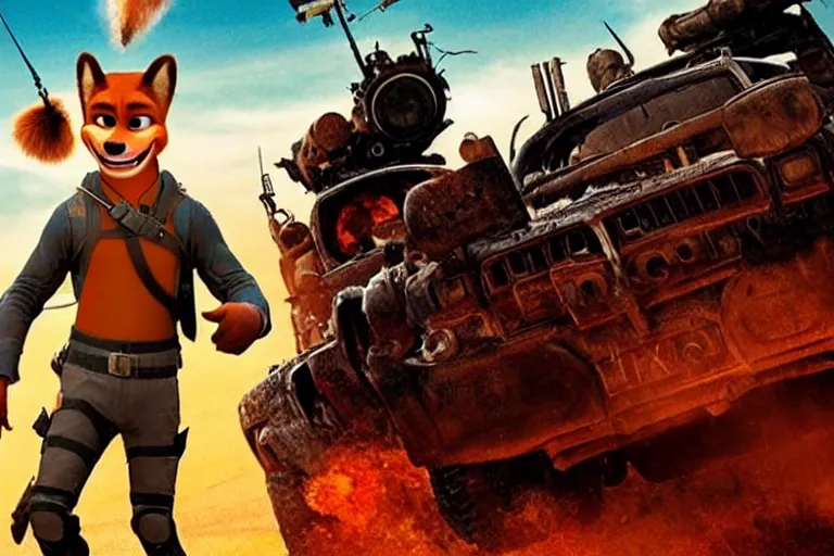 Image similar to nick wilde, heavily armed and armored facing down armageddon in a dark and gritty reboot from the makers of mad max : fury road : witness me