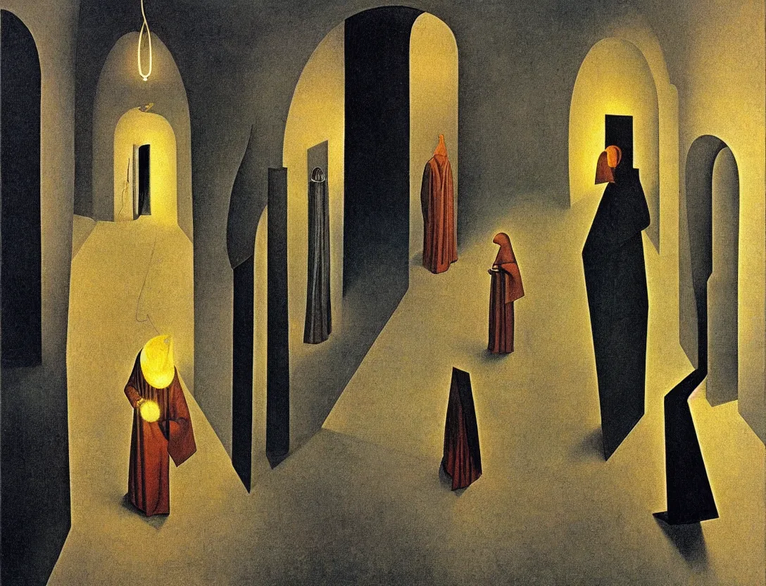 Prompt: a holy man followed by a floating light wandering the streets of a city, high angle, stylized, sparse detail, by remedios varo, picasso and moebius