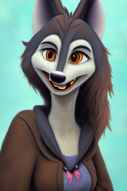 Image similar to oil painting of anthromorphic female wolf, in style of zootopia, female fursona, furry, furaffinity, 4 k, deviantart, furry art, fursona art, wearing black business suit, business suit, wolf fursona, female, very expressive detailed feminine face,