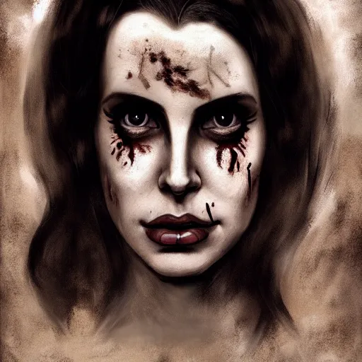 Prompt: facial portrait of lana del rey as a zombie looking sad, 7 days to die zombie, gritty background, fine art, award winning, intricate, elegant, sharp focus, cinematic lighting, digital painting, 8 k concept art, art by michael hussar, art by brom, art by guweiz and z. w. gu, 8 k