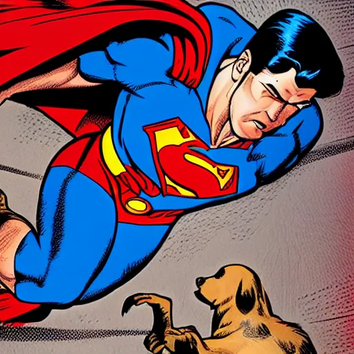 Prompt: Superman kicking a dog, Lois Lane is shocked, comic book illustration, detailed 4k