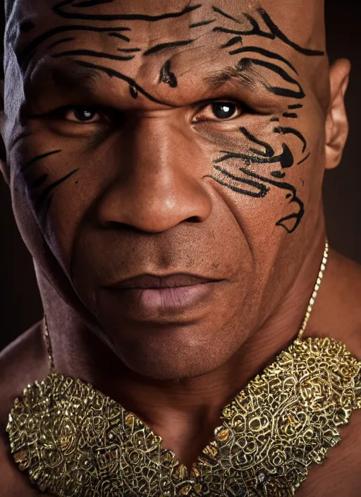 Image similar to mike tyson dressed in arab clothing, photohoot, set pieces, intricate set, vogue magazine, canon, highly realistic. high resolution. highly detailed. dramatic. 8 k. 4 k.