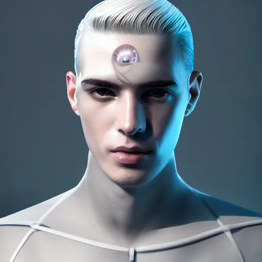 Image similar to portrait of an absurdly handsome, clean shaven, sophisticated, fashionable male cyberpunk mechanoid, hyperdetailed illustration, irakli nadar, matt wisniewski style, intricate linework, male fashion photography, porcelain skin, jellyfish headband, unreal engine 5 highly rendered, artstation, radiant light, detailed and intricate environment
