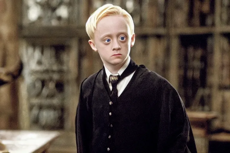 Image similar to film still Macaulay Culkin as Draco Malfoy wearing hogwarts uniform in Harry Potter movie