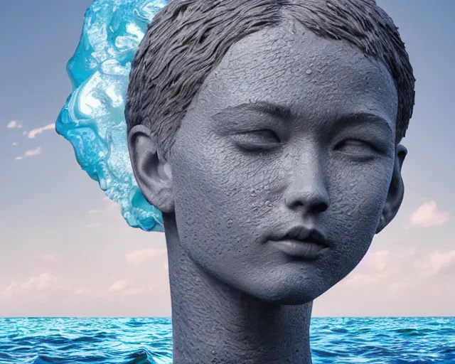 Image similar to a giant sculpture on the surface of the ocean of a human head, hyper - realistic, very detailed, realistic water, ray tracing, 8 k resolution, long - shot, sharp focus, low angle, 8 5 mm photograph, wide lens