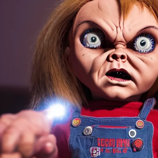Image similar to Chucky the killer doll sitting in a dark closet with a little light shining in 8k hdr scary lighting