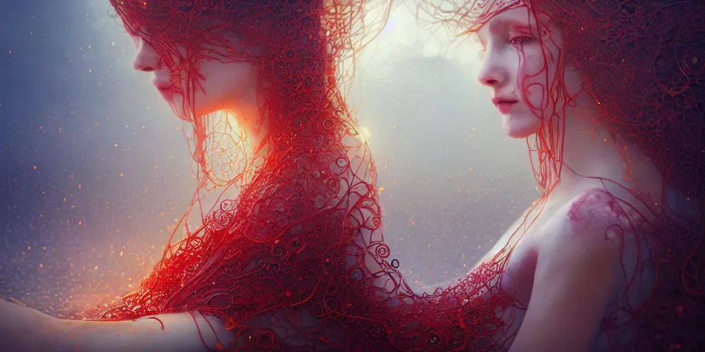 Image similar to ocean of canvas that catches liquid fire, intricate pearls, ornate ruby, magical, concept art, art nouveau, Reylia Slaby, Peter Gric, trending on artstation, volumetric lighting, CGsociety