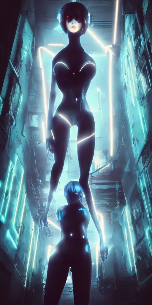 Image similar to blue cyber porcelain doll with led eyes. standing in middle of dark hallway. volumetric light on back. broken neon lighting. cyberpunk. high details, pixive, kuvshinov, photorealistic, artstation trending. dark mood. anime, akira.