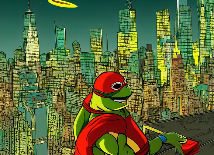 Image similar to highly detailed cell shaded image of the ninja turtle raphael vigilantly watching over a beautiful new york city skyline at night. vivid color. trending on artstation