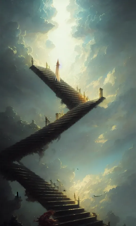 Image similar to stairway to heaven, sky full of clouds, art by greg rutkowski and peter mohrbacher, featured in artstation, octane render, cinematic, elegant, intricate, ultra detailed, rule of thirds, professional lighting, unreal engine, fantasy, concept art, sharp focus, illustration, 8 k