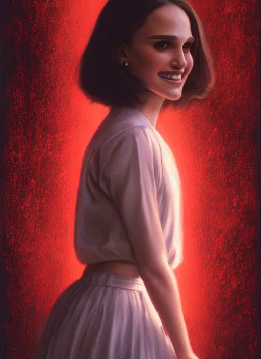 Image similar to portrait of teenage natalie portman, long haircut, flowing dark hair, white shirt, red tie, smiling kindly, forest at background, 1 9 8 0 s, intricate, elegant, glowing lights, highly detailed, digital painting, artstation, concept art, smooth, sharp focus, illustration, art by wlop, mars ravelo and greg rutkowski