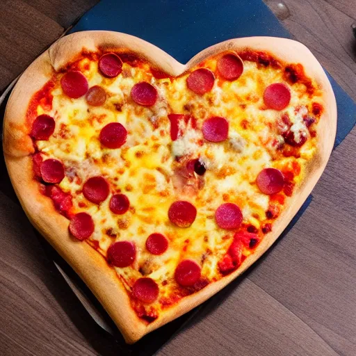 Prompt: heart shaped pizza with alot of cheese, on a wooden plate