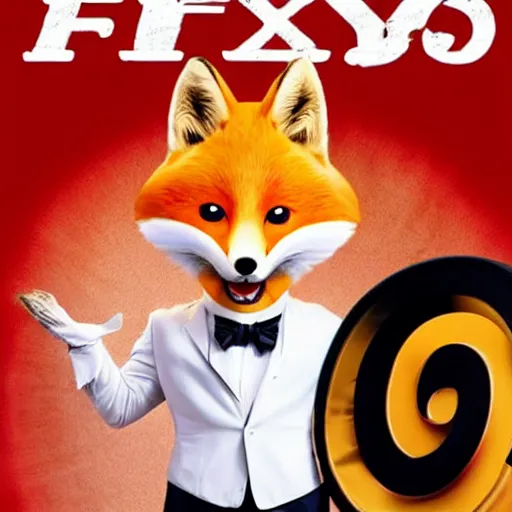 Image similar to comedy movie poster featuring an anthropomorphic fox wearing a white suit, fried chicken in the background, promotional media