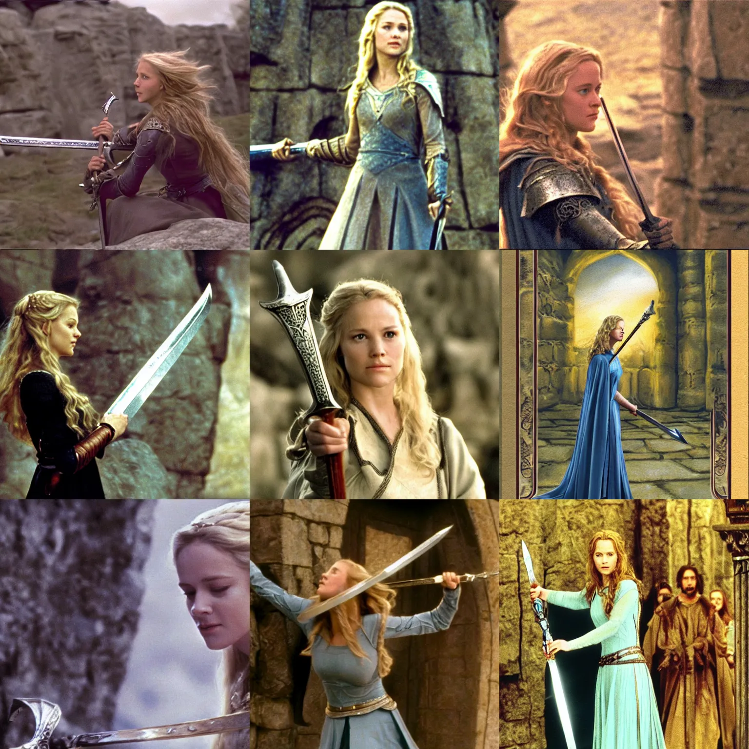 Prompt: Eowyn in Camelot, pulling the sword from the stone