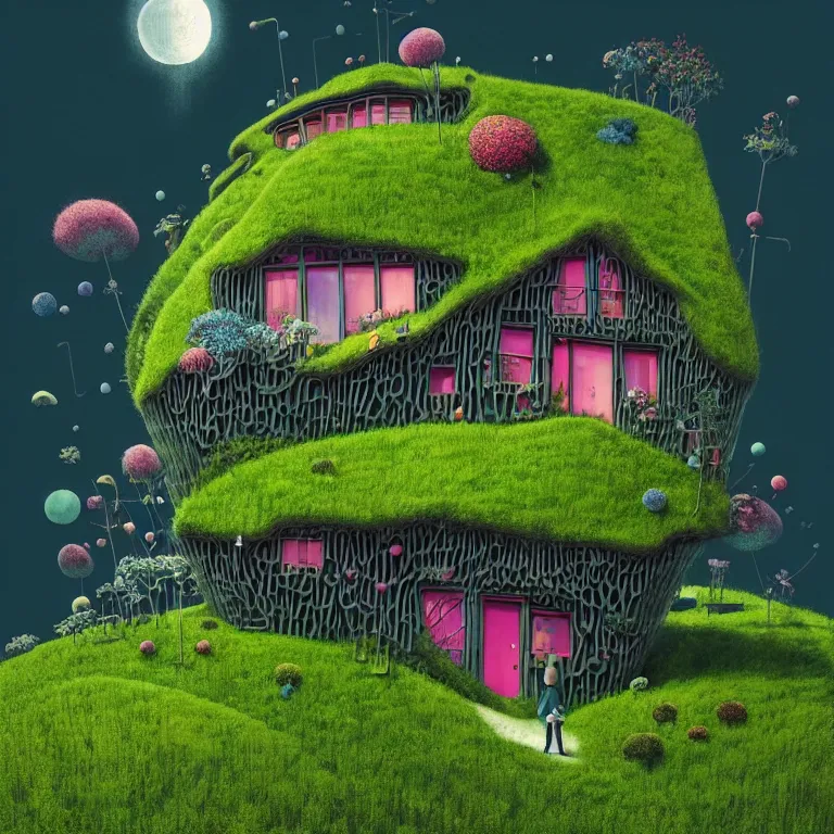 Prompt: tiny house by kengo kuma on island sea cloud surreal art by gediminas pranckevicius geof darrow jason naylor, dark shadows, hard lighting, floralpunk flower green plants garden, inking etching screen print, masterpiece artstation, sharp, colorful high contrast hd, 8 k hyper detailed, octane render