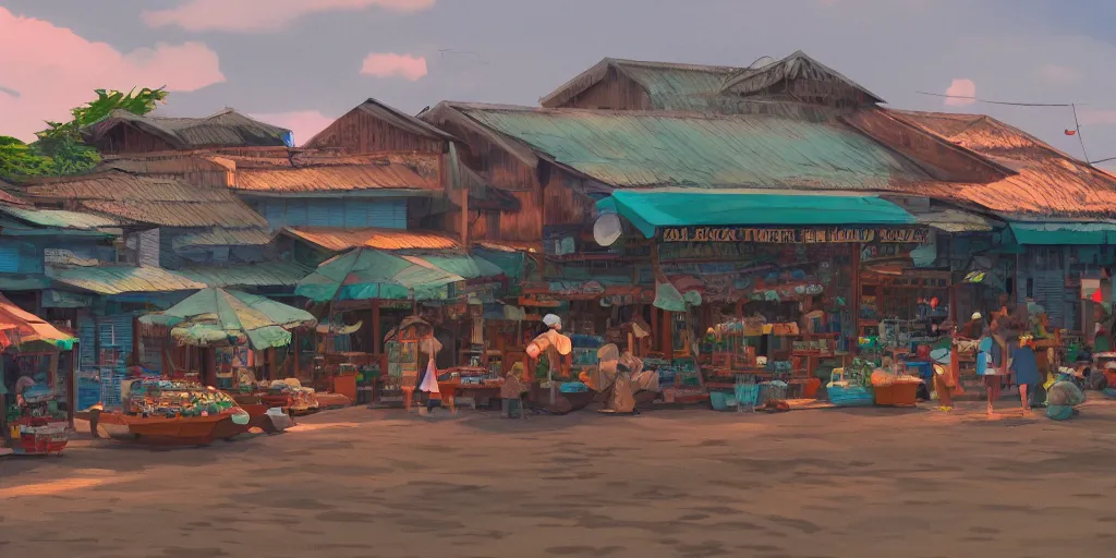 Image similar to shops at pulau indah fishing village by the sea, early morning, detailed matte painting, low angle view, telephoto lens, bokeh, studio ghibli, artstation