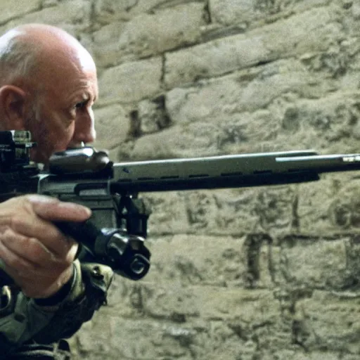 Image similar to Film still of Mike Ehrmantraut aiming with a !!!!!sniper rifle!!!!!, 4k, !!!!highly detailed!!!!