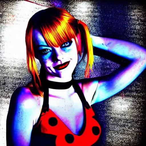 Prompt: Emma Stone as sexy Harley Quinn, grungy, unkept hair, glowing eyes, modelsociety, radiant skin, huge anime eyes, RTX on, perfect face, intricate, Sony a7R IV, symmetric balance, polarizing filter, Photolab, Lightroom, 4K, Dolby Vision, Photography Award