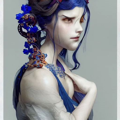 Image similar to the portrait of a blueberry that resembles an absurdly beautiful, graceful, elegant, sophisticated woman, an ultrafine hyperdetailed illustration by kim jung gi, irakli nadar, intricate linework, bright colors, octopath traveler, final fantasy, unreal engine 5 highly rendered, global illumination, radiant light, detailed and intricate environment