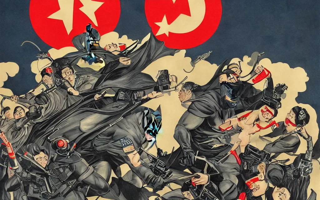 Image similar to batman airplane, in the style of chinese propaganda posters, cold war, propaganda poster, sci - fi illustrations, highly detailed, award - winning, patriotic, chinese, dark, gritty, ink
