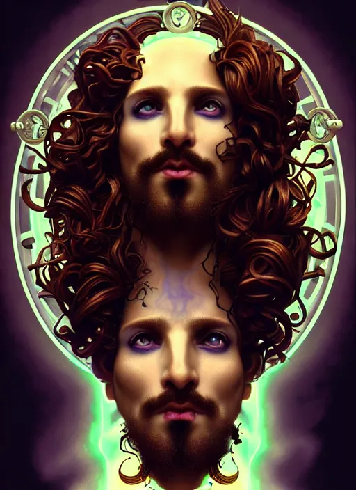 Image similar to portrait of greek god dionysus, auburn curly hair, glowing eyes, volumetric lights, goatee, feast, music notes, art nouveau botanicals, gothic, intricate, highly detailed, digital painting, artstation, concept art, smooth, sharp focus, symmetric face, illustration, steampunk, art by artgerm and greg rutkowski and alphonse mucha