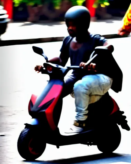 Prompt: close up shot of kanye west riding scooter in hanoi, a photo in daylight