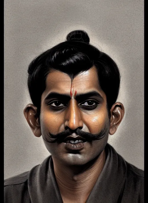 Image similar to portrait of an indian man with a crooked nose and a confident expression, 1 9 6 0 s, black clothes, goth, punk, funk, intricate, elegant, highly detailed, digital painting, artstation, concept art, smooth, sharp focus, illustration, art by wlop, mars ravelo and greg rutkowski