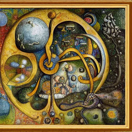 Prompt: complex mathematical equations, inspired by bosch, klimt, klee, durer. mathematical paradise, detailed beautiful tiny animals, handwritten equation heaven, calligraphy formula, detailed beautiful tiny plants, 3 d platonic solids, elegant intricate diagrams, beautiful equations, oil paint, color, hyperrealistic, detailed, on loan from louvre, masterpiece