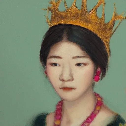 Prompt: Close-up of a young asian woman’s face wearing jewelry and a crown, low light and soft focus, painting in the style of Wlop