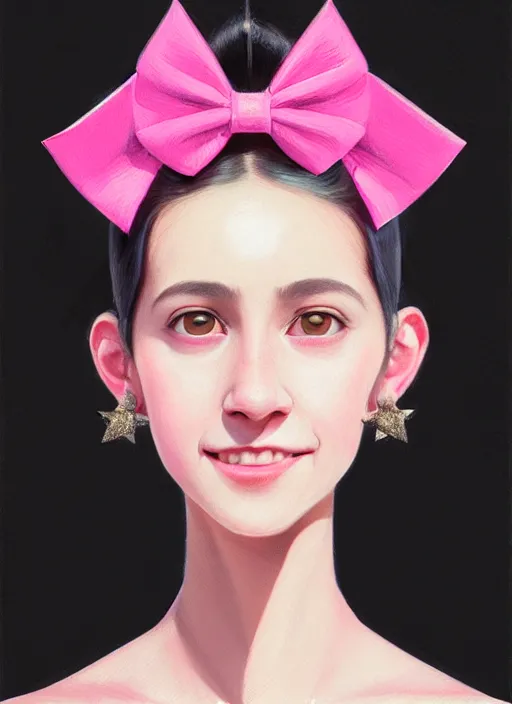 Image similar to portrait of high school girl, realistic, black hair, bangs, half updo hairstyle, pointy nose, skinny, smile, ugly, defined jawline, big chin, pink hair bow, earrings, intricate, elegant, glowing lights, highly detailed, digital painting, artstation, sharp focus, illustration, art by wlop, mars ravelo and greg rutkowski