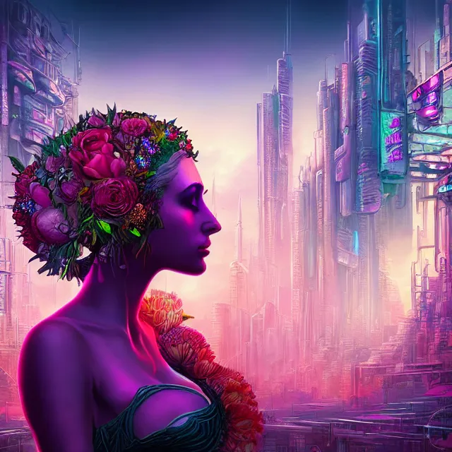 Prompt: Beautiful 3d render of the flower queen goddess in a sensual pose, in the style of Dan Mumford, with a crowded futuristic cyberpunk city in the background, astrophotgraphy