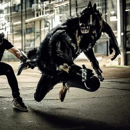 Image similar to a wolf attacking a man wearing punisher mask