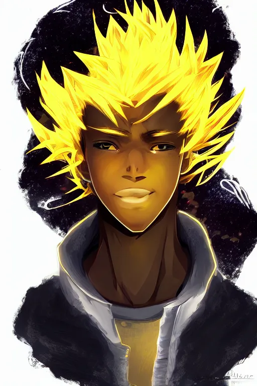 Image similar to glowing black male anime character, golden hair, yellow eyes, symmetrical, highly detailed, digital art, sharp focus, trending on art station, crazy hair, electricity everywhere, anime art style