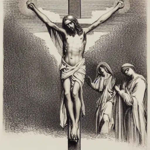 Prompt: jesus as a mommy crucified, engraving, by gustave dore