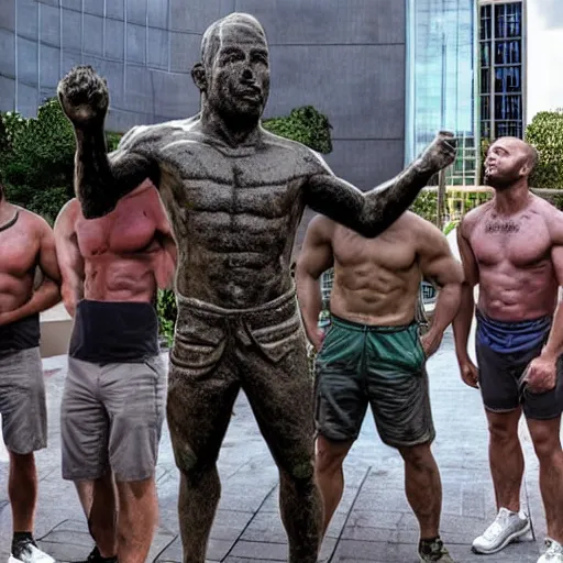 Prompt: group of human men worshipping giant statue of joe rogan in real life, 8 k, 4 k uhd, realistic, hyper realistic, super detailed, very detailed, detailed