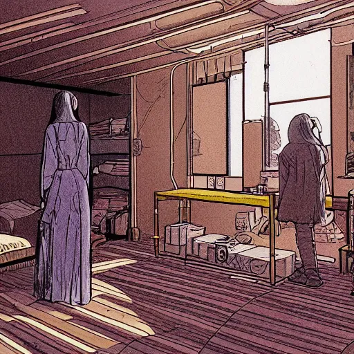 Image similar to an illustration of a brown basement by moebius