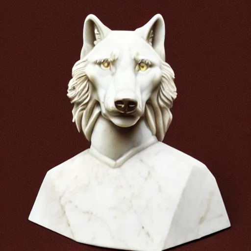 Image similar to a white marble bust of a wolf with gold filigree