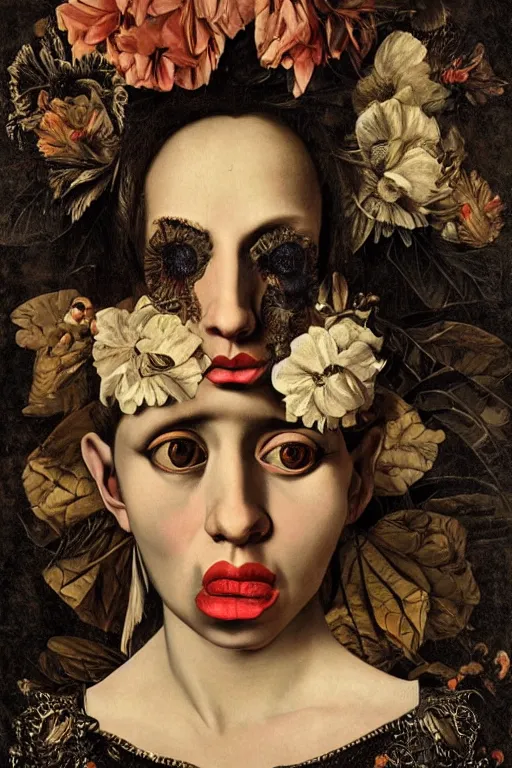 Image similar to Detailed maximalist portrait with large lips and with large, wide eyes, sad expression, HD mixed media, 3D collage, highly detailed and intricate, surreal, illustration in the style of Caravaggio, dark art, baroque