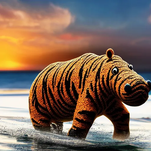 Image similar to a closeup photorealistic photograph of a cute smiling knitted tiger hippopotamus chasing a beachball at sunset. surf in the background. professional capture. this 4 k hd image is trending on artstation, featured on behance, well - rendered, extra crisp, features intricate detail, epic composition and the style of unreal engine.