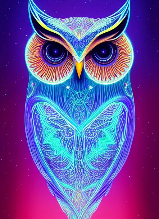 Image similar to symmetry!! product render poster vivid colors divine proportion owl, 神 圣, glowing fog intricate, elegant, highly detailed, digital painting, artstation, concept art, smooth, sharp focus, illustration,